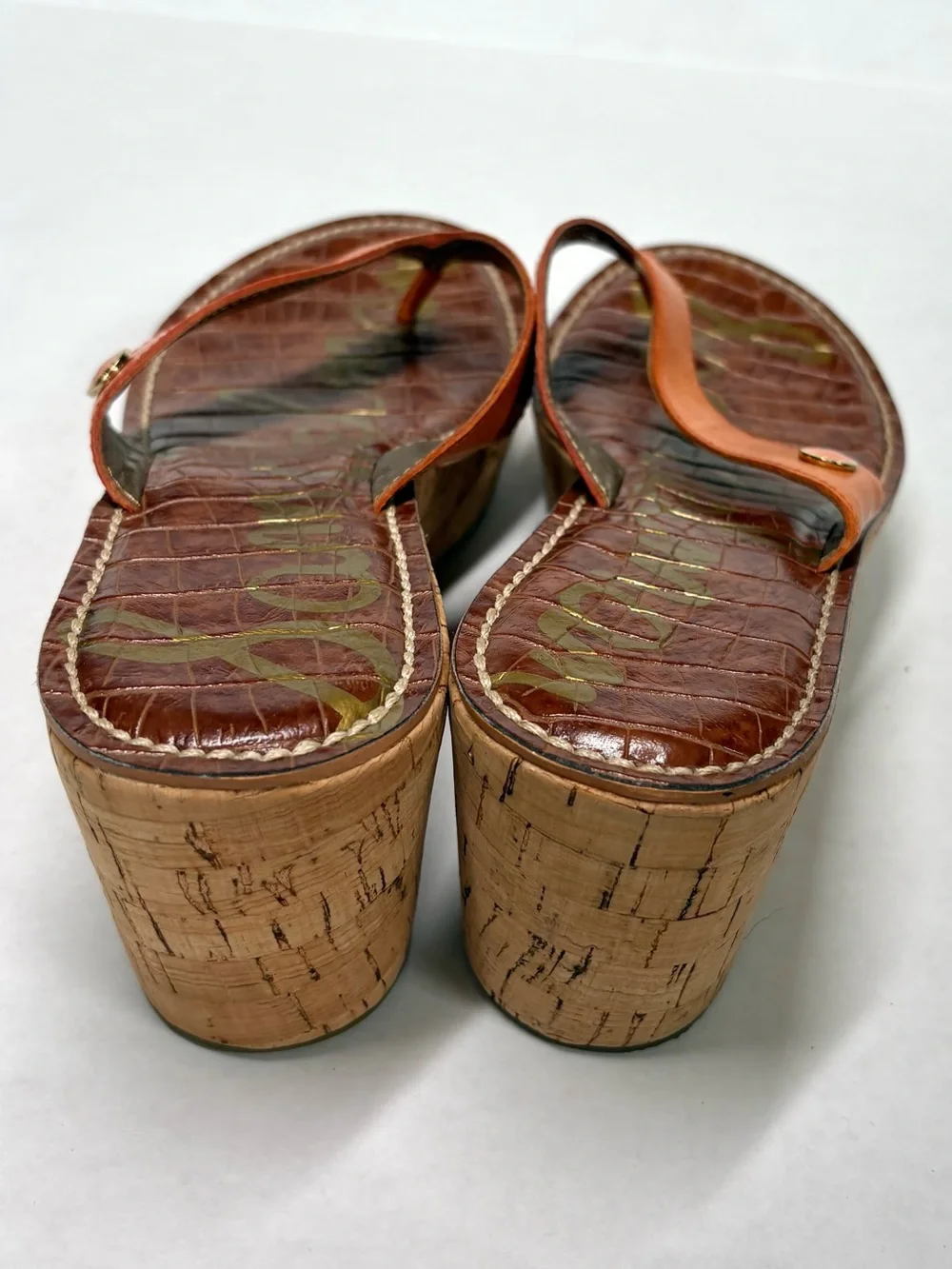 Sam Edelman Romy Croc Print Cork Wedge Thong Sandal US 7.5 Orange
